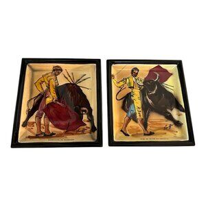 Vintage Set of 2 Spanish Bullfighter Ceramic Wall Plaques Signed Stauffer Made i